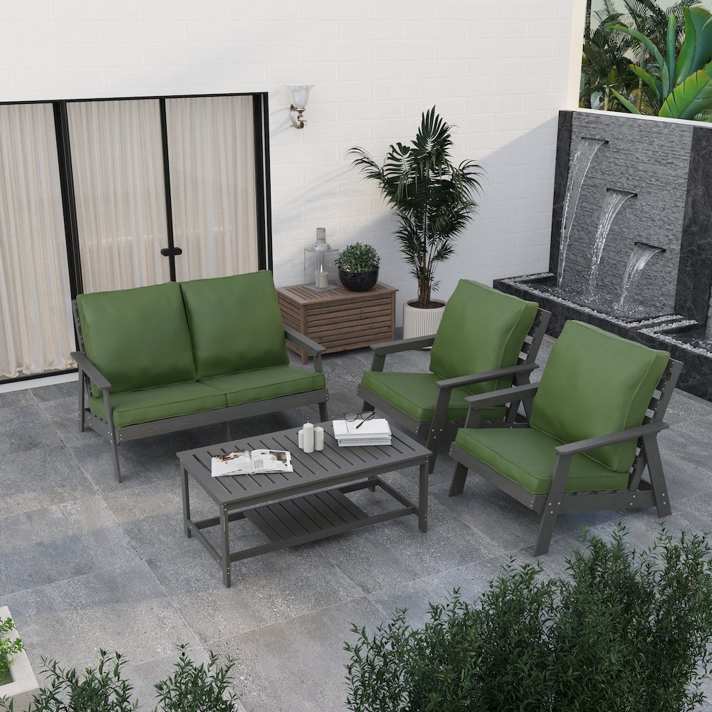 Alpine grey loveseat with dark green cushions, featuring a modern fabric design and wooden legs, from Start2Finish.