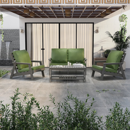 Alpine grey loveseat by Start2Finish with dark green cushions, modern fabric sofa suitable for living rooms.