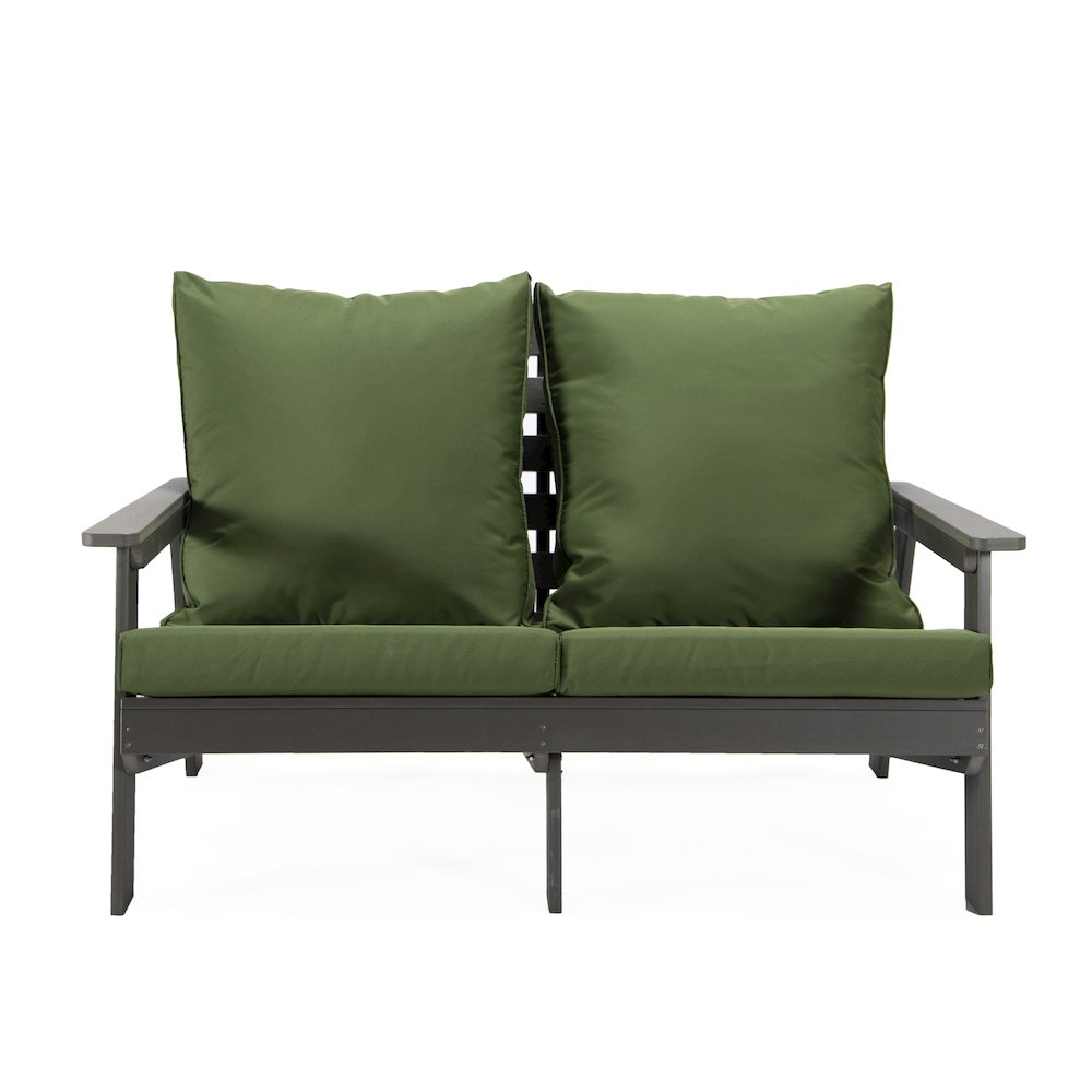 Start2Finish Alpine grey loveseat with dark green cushions, showcasing its cozy fabric upholstery and stylish design.