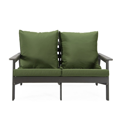 Start2Finish Alpine grey loveseat with dark green cushions, showcasing its cozy fabric upholstery and stylish design.