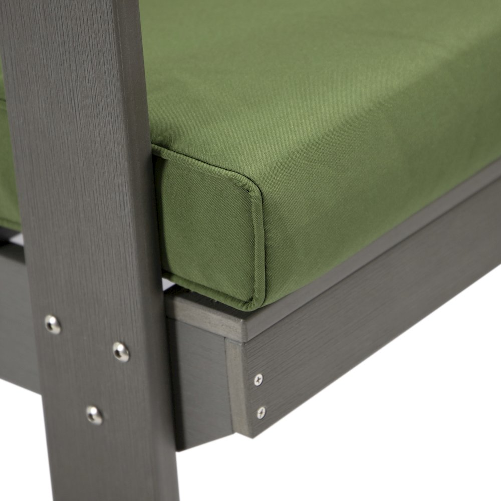 Alpine grey loveseat by Start2Finish with dark green cushion accents, plush fabric, and modern design in a living room setting.