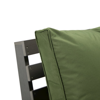 Alpine grey loveseat by Start2Finish with dark green cushions, showcasing plush fabric and modern design.