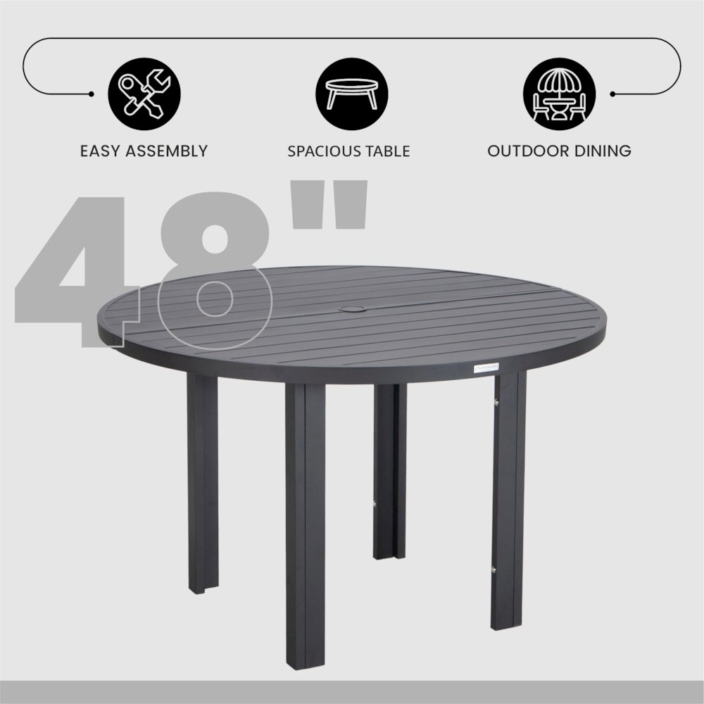 Start2Finish Chelsea 60-inch round outdoor aluminum dining table for patio, showing smooth tabletop and sturdy legs.