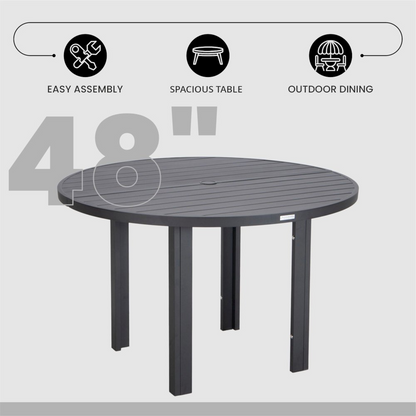 Start2Finish Chelsea 60-inch round outdoor aluminum dining table for patio, showing smooth tabletop and sturdy legs.