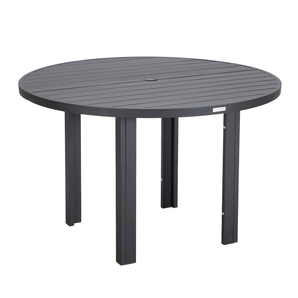 Start2Finish Chelsea 60-inch round outdoor aluminum dining table for patio with a sleek, durable design and smooth surface.