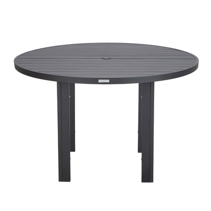 Start2Finish Chelsea 60-inch round outdoor aluminum dining table for patio, featuring a sleek, durable design with a smooth surface.