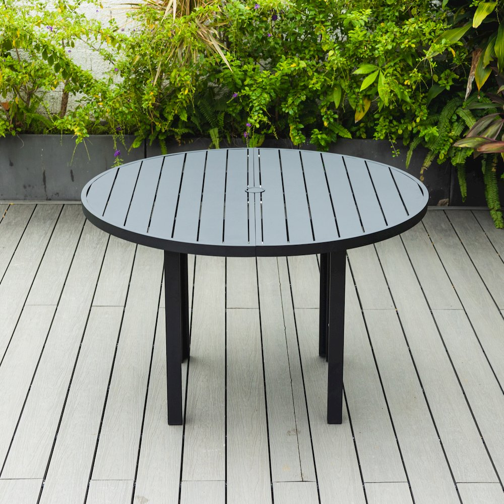 Start2Finish Chelsea 60-inch round outdoor aluminum dining table for patio, with a sleek, durable surface and modern design.