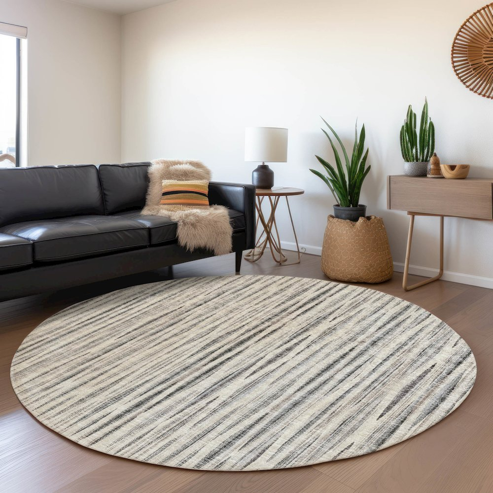 Start2Finish Mayfield beige 8-foot round machine washable rug with soft textured surface and decorative border design.