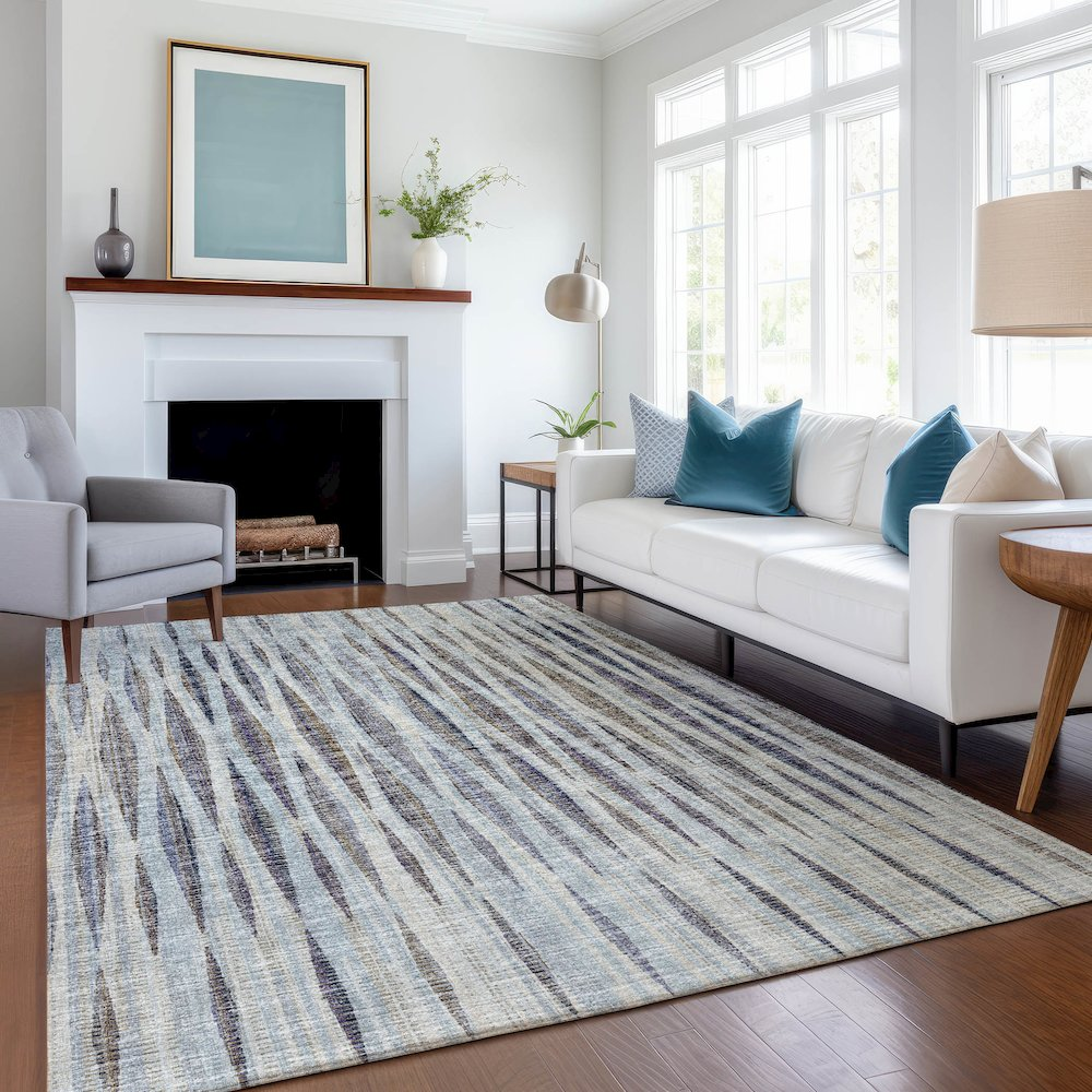 Start2Finish Mayfield Ocean 8x10 machine washable rug with a blue and beige pattern, perfect for living rooms and bedrooms.