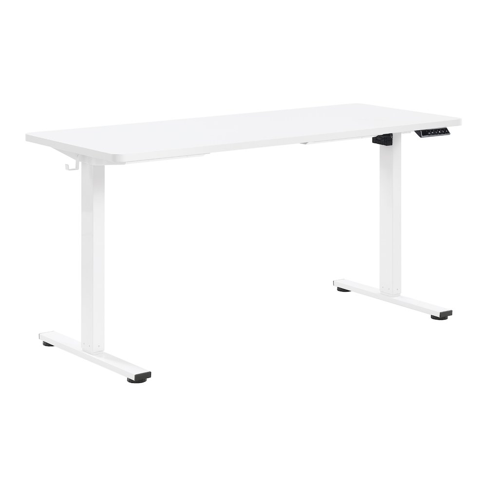 Start2Finish Primo 59-inch white sit-to-stand electric adjustable desk with a sleek modern design and smooth height adjustment.