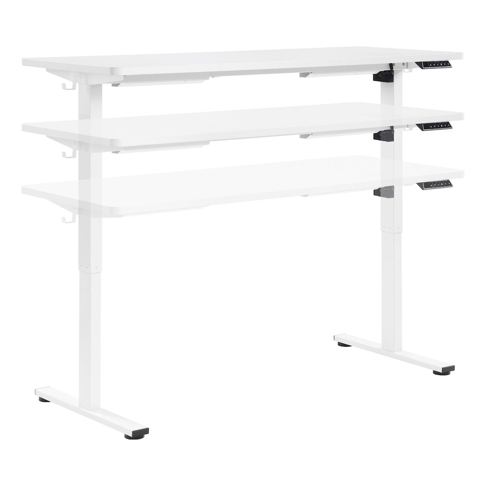 Start2Finish Primo 59-inch white sit-to-stand electric desk with adjustable height and modern design.