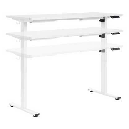 Start2Finish Primo 59-inch white sit-to-stand electric desk with adjustable height and modern design.