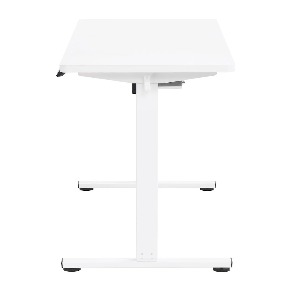 Start2Finish Primo 59-inch white sit-to-stand electric height adjustable desk, showing its sleek, modern design and adjustable features.