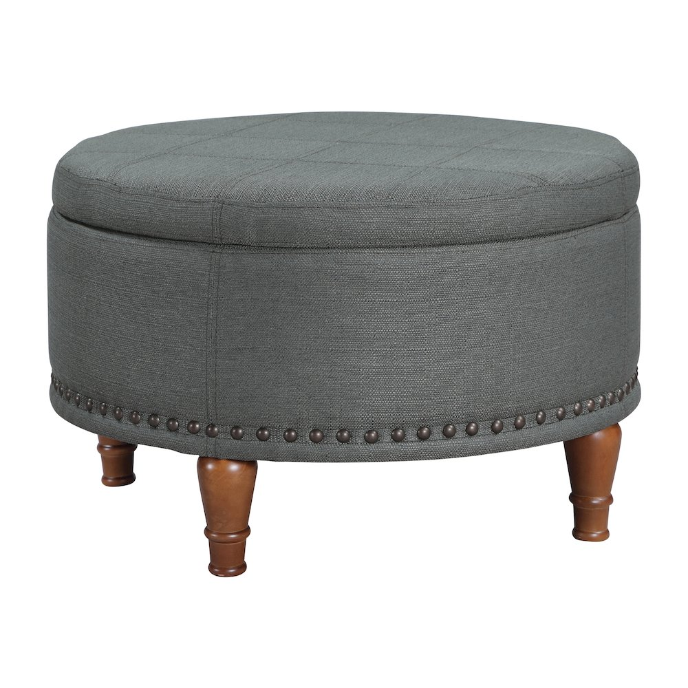Alloway storage ottoman in charcoal fabric with antique bronze nailhead trim, featuring a padded lid and wooden feet.