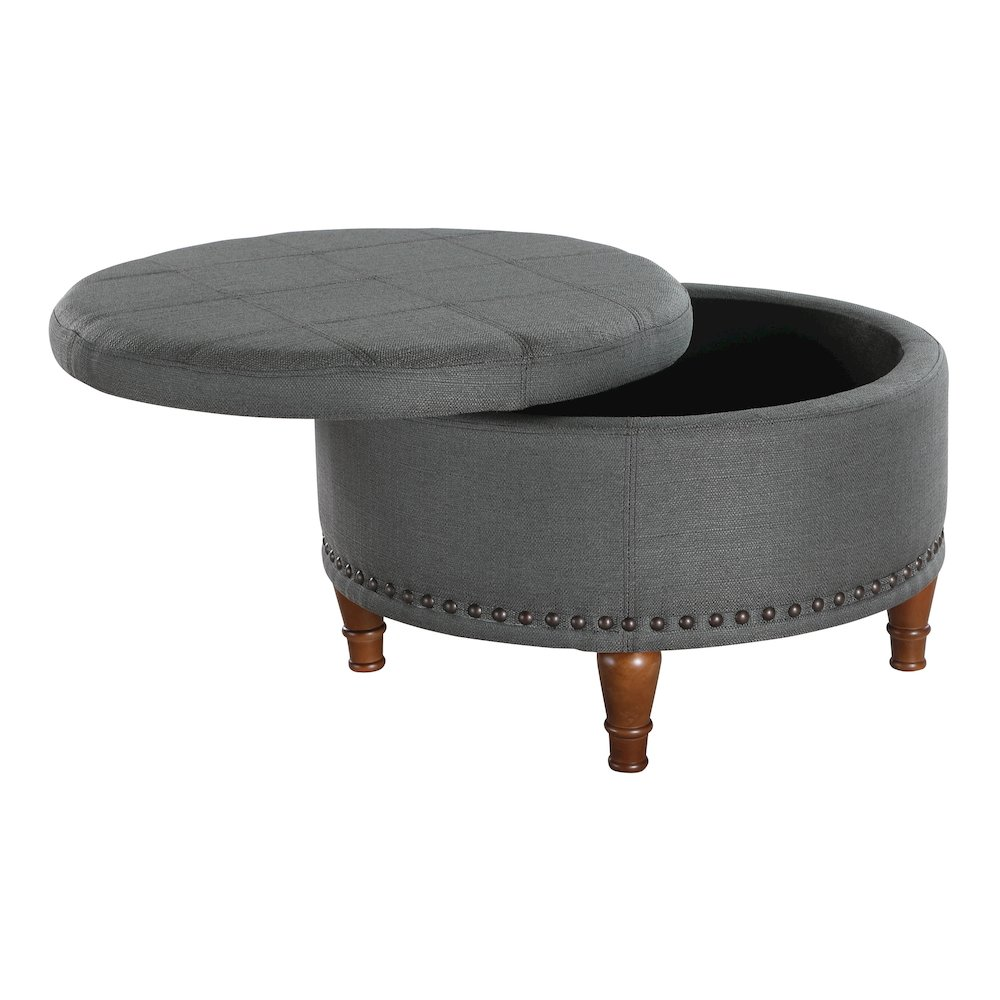 Alloway storage ottoman in charcoal fabric with antique bronze nailhead accents, versatile furniture piece for living room storage.