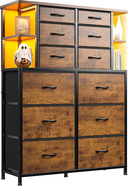 Rustic brown bedroom dresser with 12 drawers and built-in LED lights, made by Peach Maple, showcasing its spacious storage and modern design.