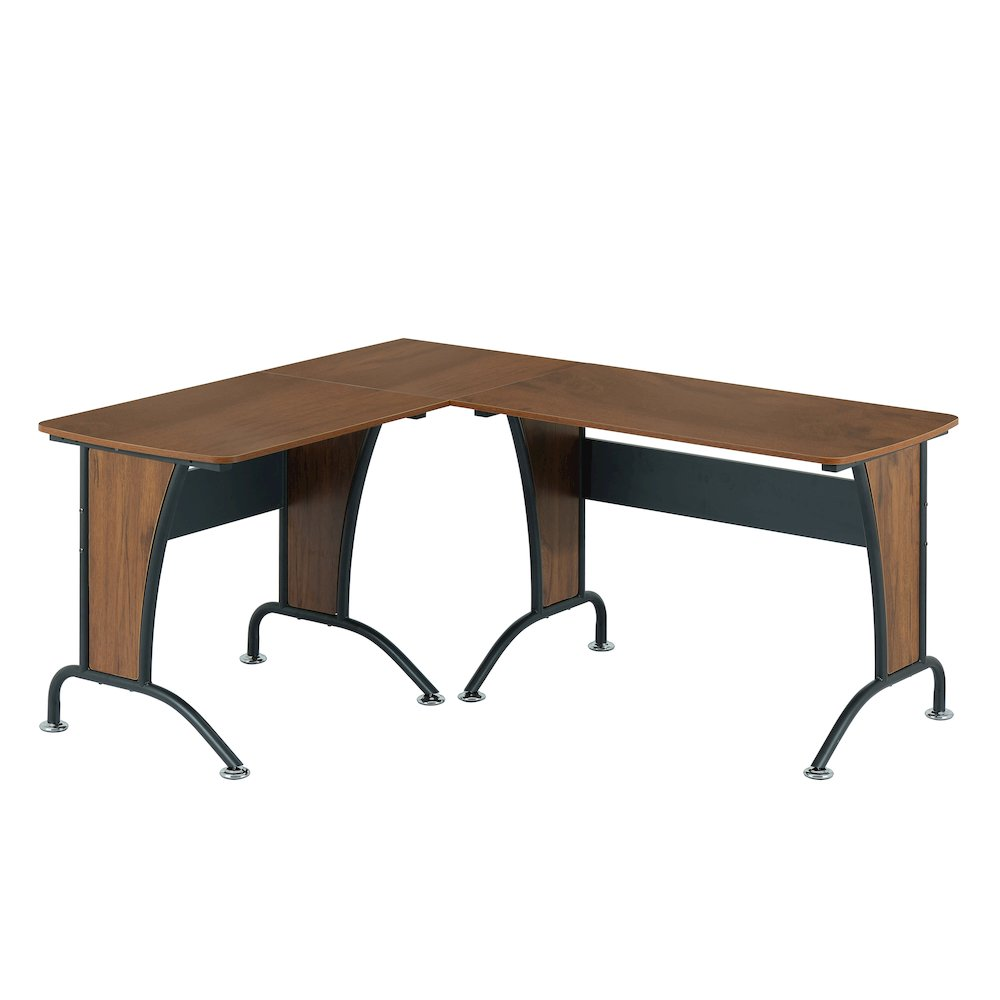 Start2Finish Techni Mobili deluxe L-shaped desk with inline team desk option, featuring a modern wood finish and spacious workspace.