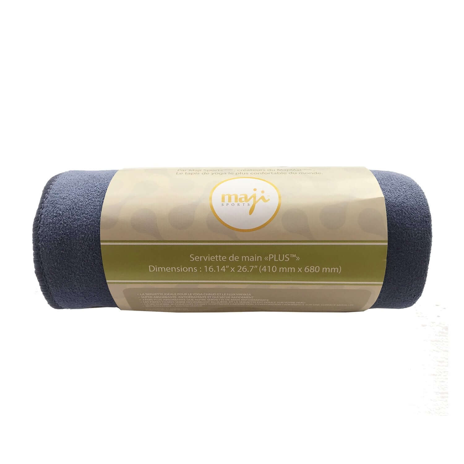 Black Lavender Maji Sports Premium Absorption Microfiber Hot Yoga Hand Towel on a yoga mat, showing its soft, quick-drying fabric and compact size.