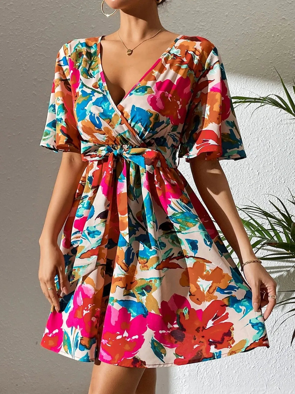 Printed surplice short sleeve mini dress by Ruby Styx, women&