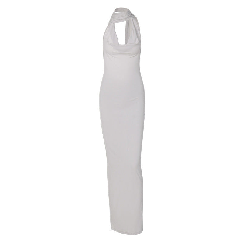 Slim backless halter neck dress by Green Alcestis, featuring a sleek design and elegant open back, perfect for stylish occasions.