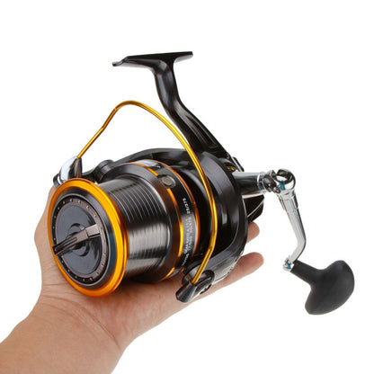 Maroon Asteria 9000 Type long-distance caster fishing reel with spinning wheel, black and silver design for freshwater or saltwater fishing.