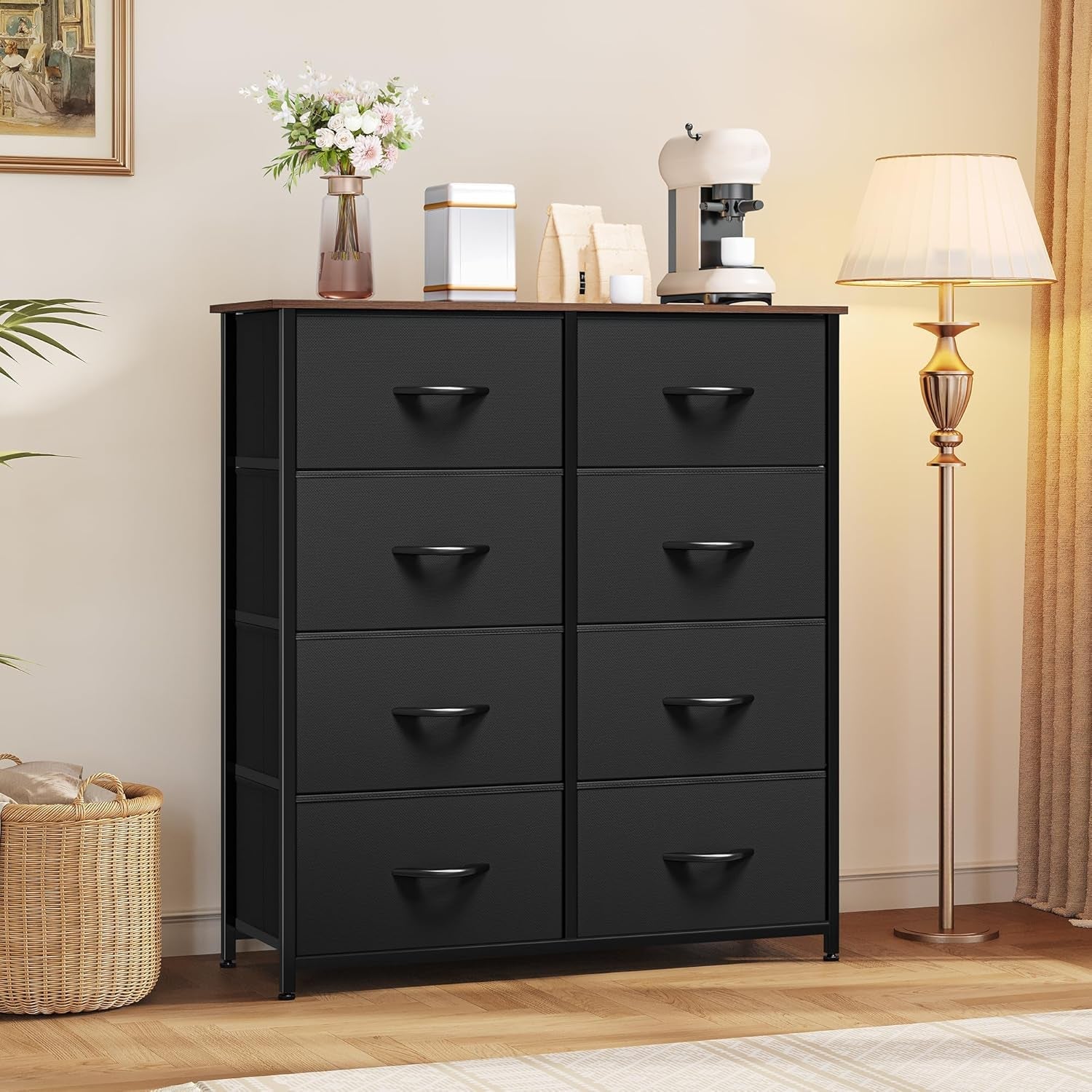 Peach Maple black dresser with 8 spacious drawers, tall bedroom storage chest, modern furniture for organized bedroom decor