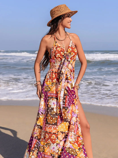 Printed slit halter neck cami dress for women by Ruby Styx, featuring a stylish design with a flattering fit and vibrant pattern.