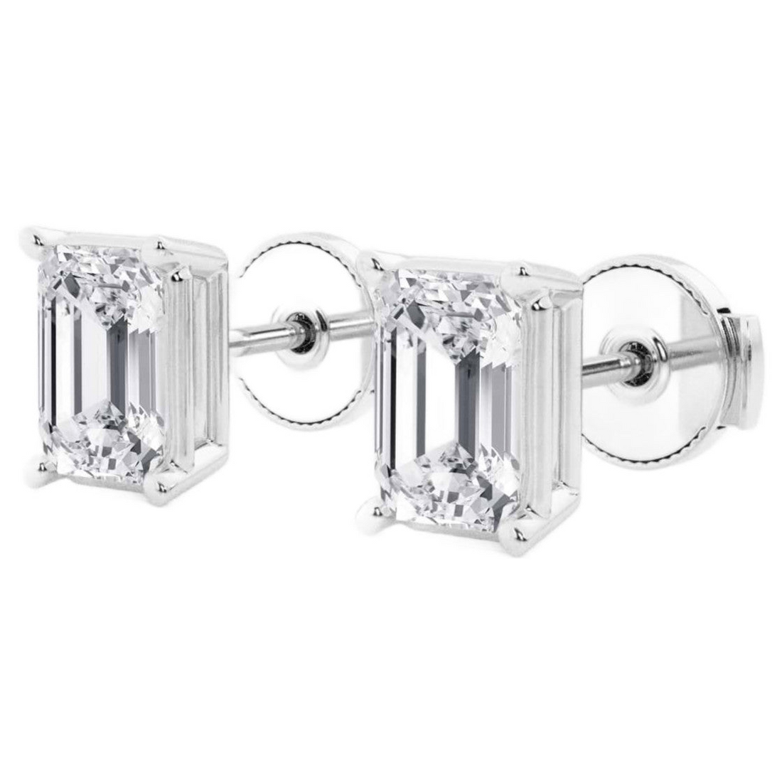 AGI Certified lab-grown emerald cut diamond stud earrings in 14K white gold, featuring elegant, sparkling gemstones.