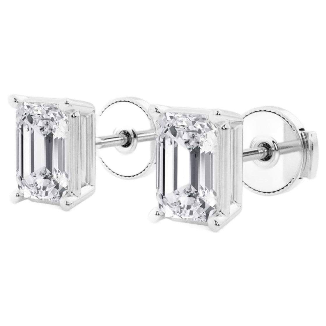 AGI Certified lab-grown emerald cut diamond stud earrings in 14K white gold, featuring elegant, sparkling gemstones.