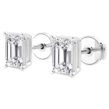 AGI Certified lab-grown emerald cut diamond stud earrings in 14K white gold, featuring elegant, sparkling gemstones.