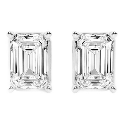 AGI Certified lab-grown emerald cut diamond stud earrings set in 14K white gold with a classic, elegant design.