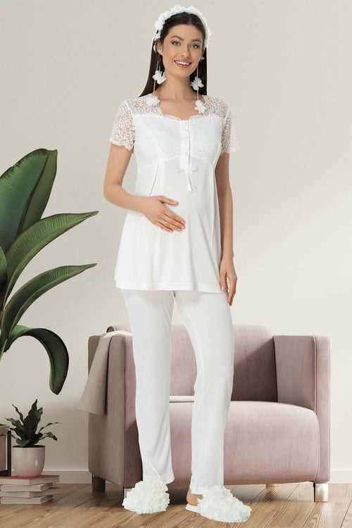 Burgundy Artemis Shopymommy 5422 lace sleeve maternity and nursing pajamas, featuring soft fabric and elegant lace details.