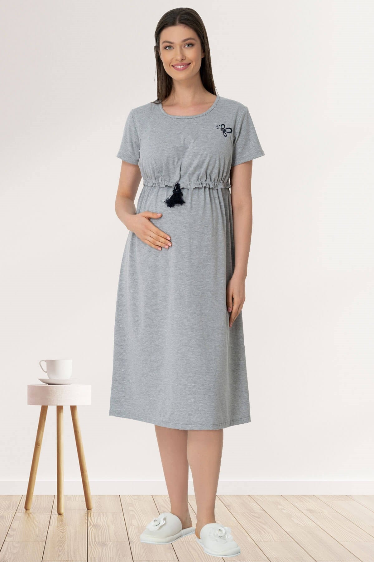 Grey Burgundy Artemis Shopymommy 5427 breastfeeding maternity nightgown with lace trim, designed for nursing and sleep comfort.
