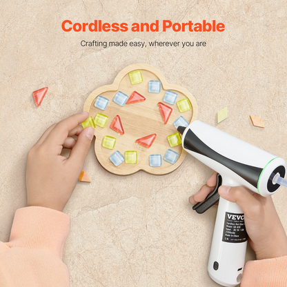 Start2Finish VEVOR cordless hot glue gun with 2200mAh battery, 20 glue sticks, fast preheat for crafts, arts, and DIY projects.