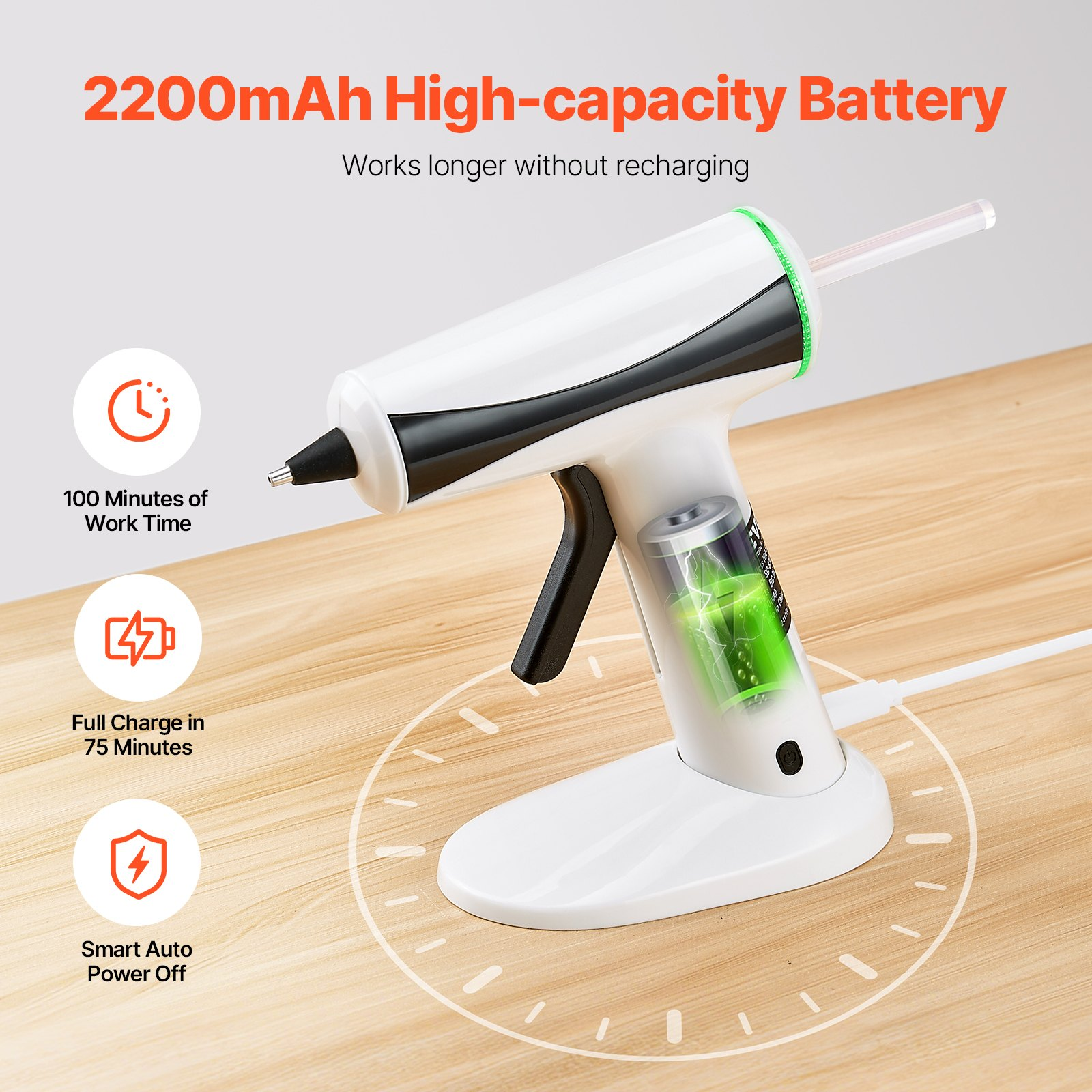 Start2Finish VEVOR cordless hot glue gun with 2200mAh battery, 20 glue sticks, ideal for crafts, DIY, arts, and quick home repairs.