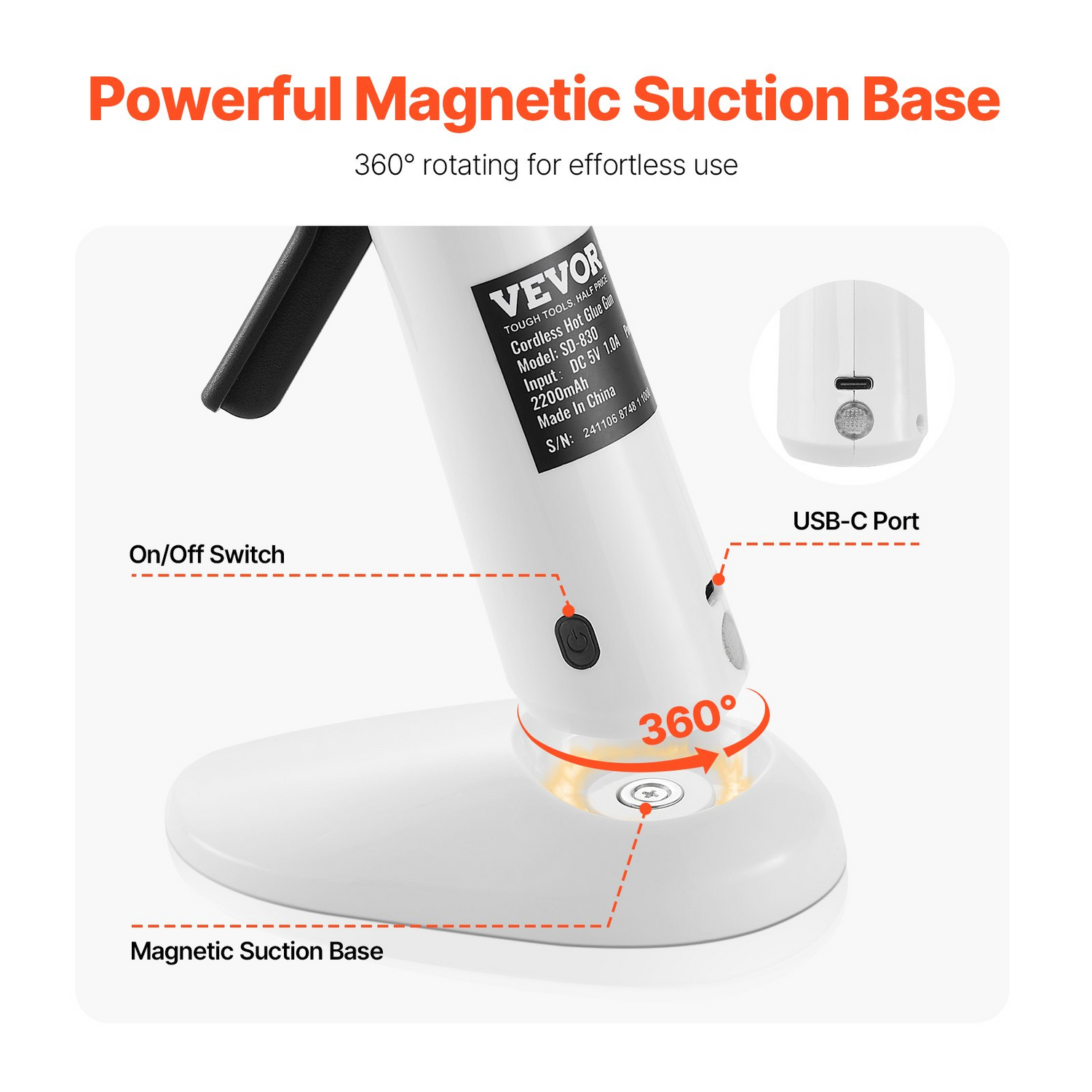 Start2Finish rechargeable cordless VEVOR hot glue gun with 2200mAh battery, 20 glue sticks, ideal for crafts, DIY, and home repairs.