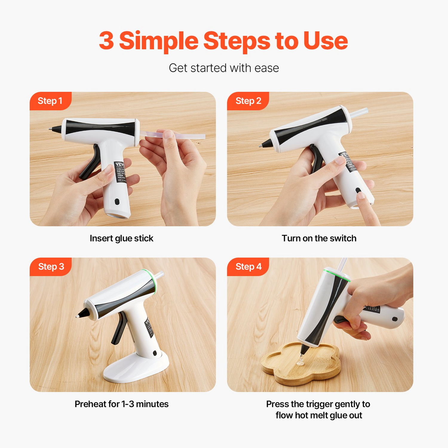Start2Finish VEVOR cordless hot glue gun with 2200mAh battery, mini size, 20 glue sticks, fast preheat for crafts, DIY, and repairs.