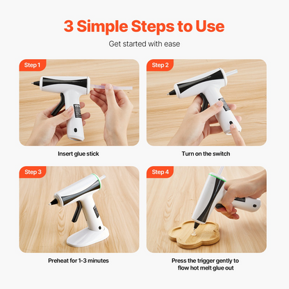Start2Finish VEVOR cordless hot glue gun with 2200mAh battery, mini size, 20 glue sticks, fast preheat for crafts, DIY, and repairs.