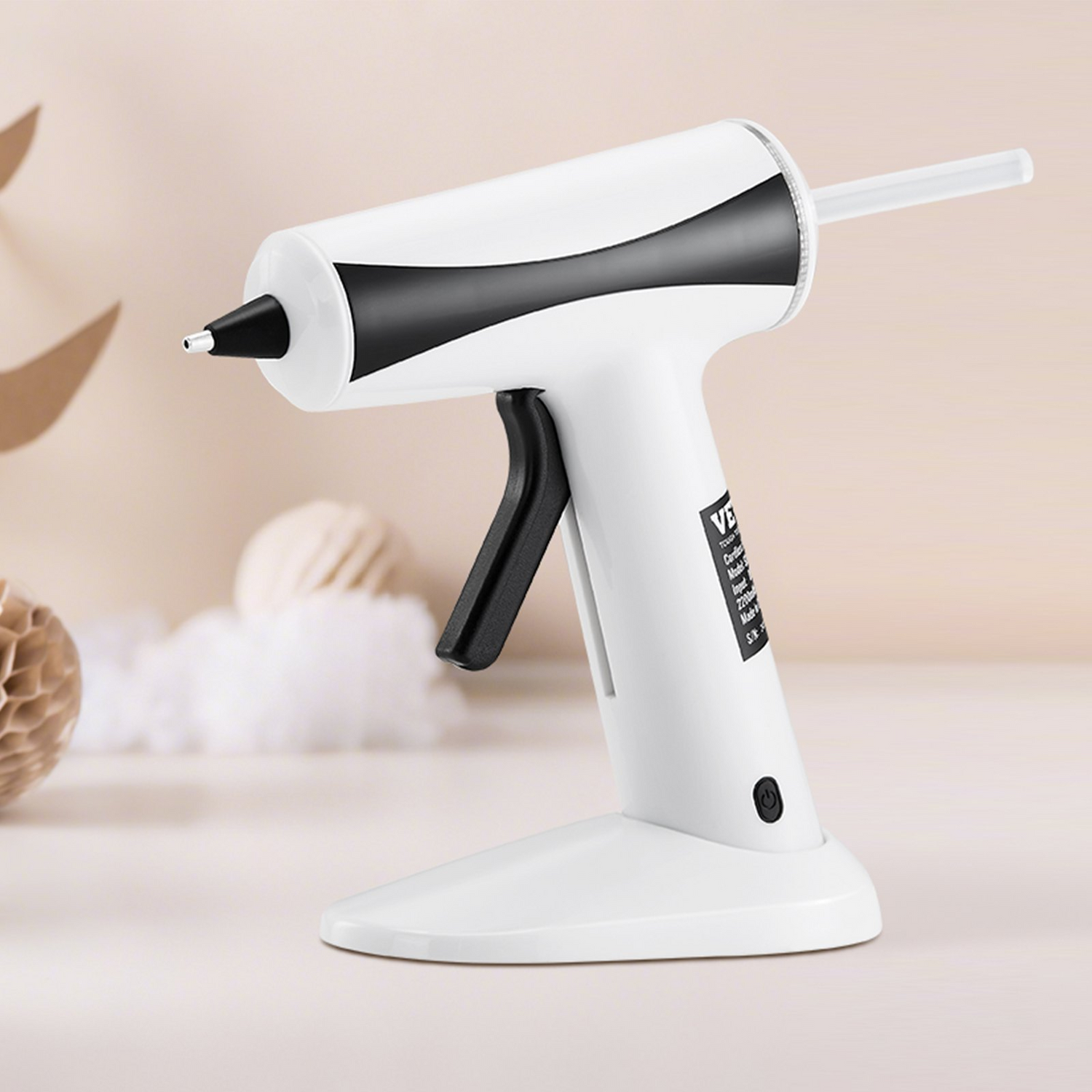 Start2Finish VEVOR cordless hot glue gun with battery, glue sticks, and preheating feature for crafts, DIY, and home repairs.