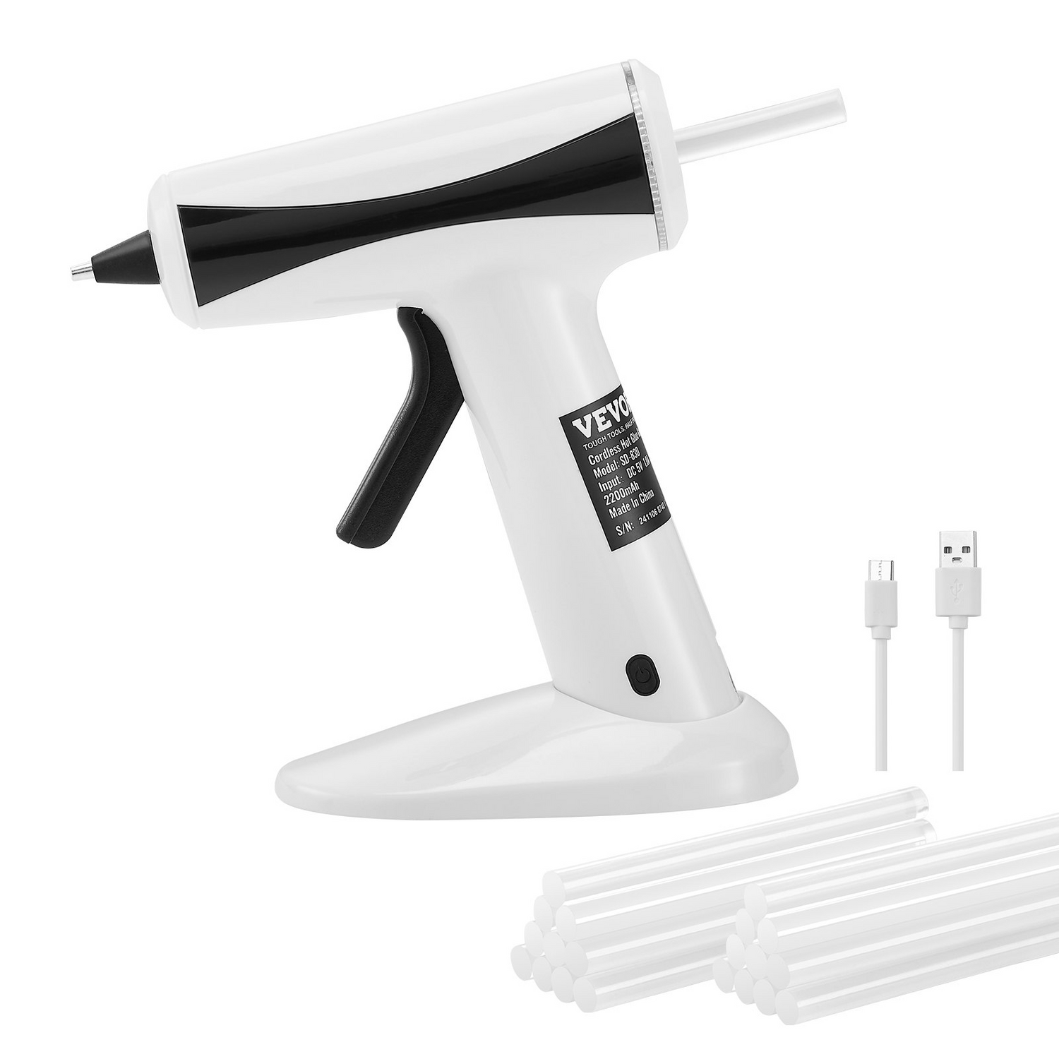 Start2Finish VEVOR cordless hot glue gun with 2200mAh battery, mini wireless design, 20 glue sticks, for crafts, DIY, and home repairs.