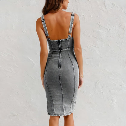 Carmine Juneberry U-neck suspender denim dress with slim fit design, perfect for casual summer wear, shown in a stylish close-up image.