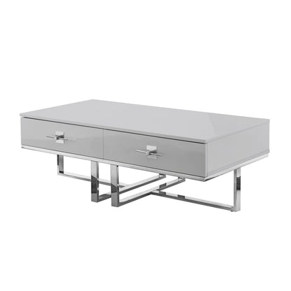 47" Light Gray And Silver Metallic Stainless Steel Coffee Table With Two Drawers
