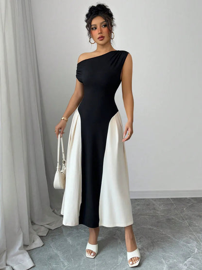 Ruby Styx contrast single shoulder midi dress for women, stylish and elegant with a unique shoulder design.