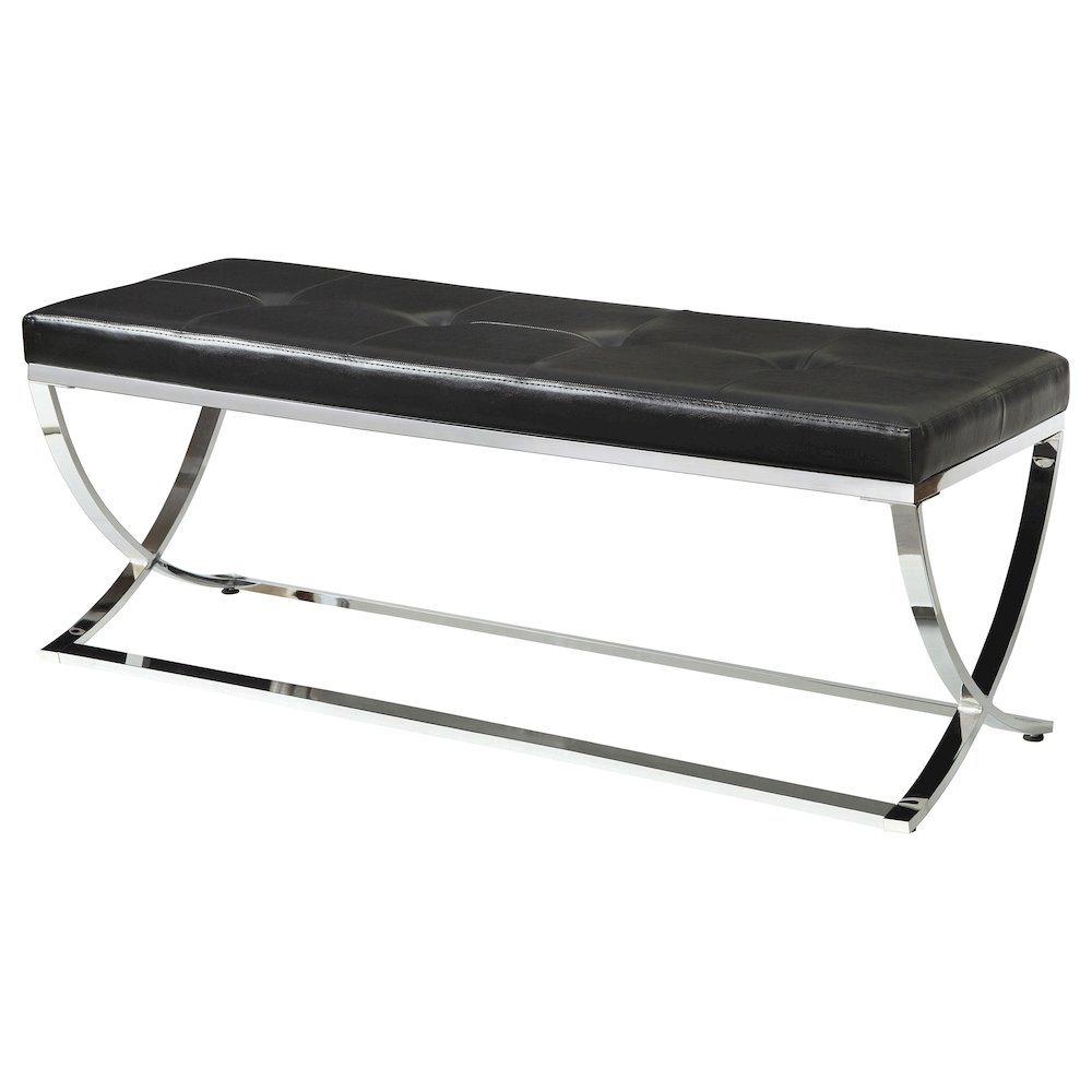 Start2Finish Walton black leatherette upholstered tufted accent bench with tufted cushion and sturdy wooden legs.