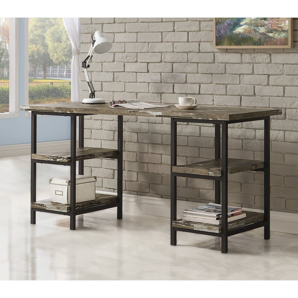 Kemper 59-inch weathered brown 4-shelf writing desk from Start2Finish with spacious surface and multiple storage shelves.