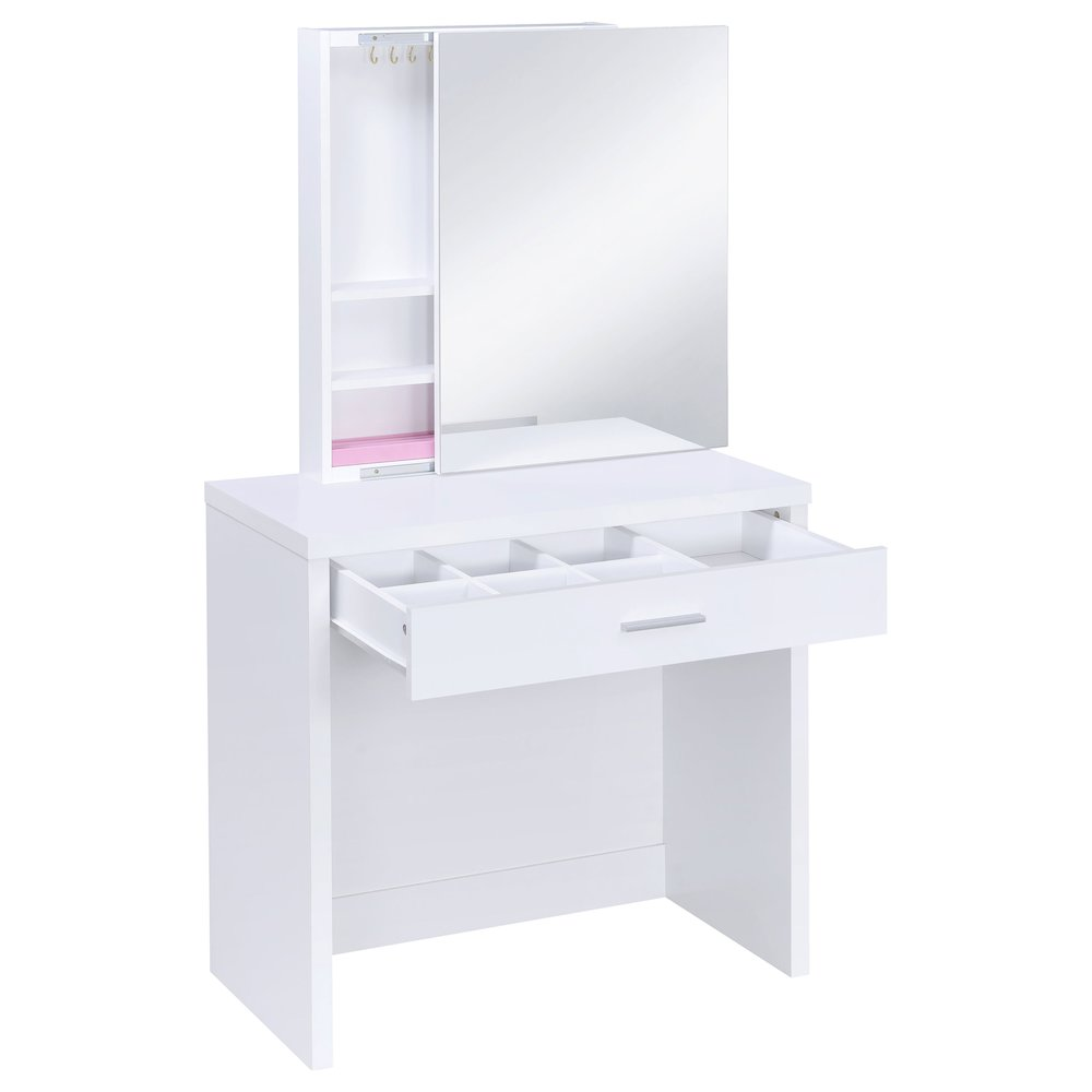 White Harvey vanity set with lift-top stool from Start2Finish, featuring a spacious mirror and storage drawers for cosmetics.