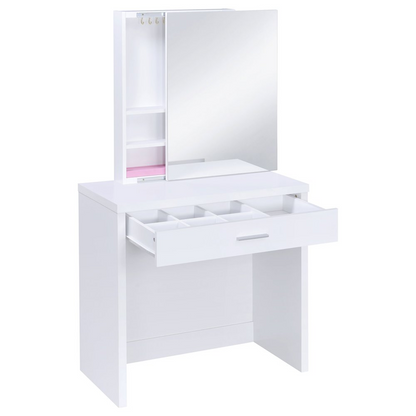 White Harvey vanity set with lift-top stool from Start2Finish, featuring a spacious mirror and storage drawers for cosmetics.