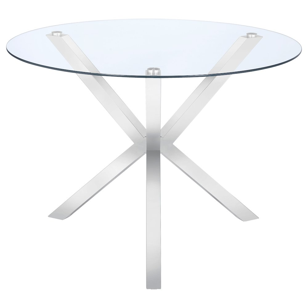 Start2Finish Vance 41-inch glass top Asterisk dining table with chrome legs and round design, shown with a clear glass surface.