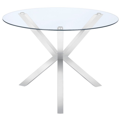 Start2Finish Vance 41-inch glass top Asterisk dining table with chrome legs and round design, shown with a clear glass surface.