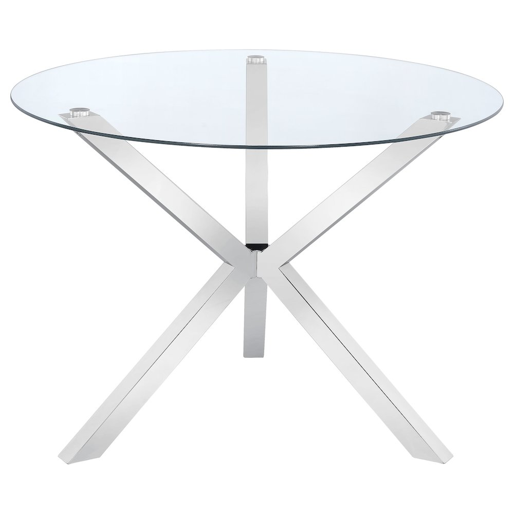 Vance 41-inch glass top Asterisk dining table with chrome finish, showcasing a modern round design and sturdy base.